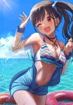  1girl absurdres bikini bikini_top_only blue_bow blue_jacket bow breasts brown_hair cleavage cloud day hair_bow highres horizon idolmaster idolmaster_shiny_colors jacket long_hair medium_breasts multicolored_clothes navel ocean one_eye_closed open_mouth osoba_susurukun outdoors red_eyes see-through see-through_sleeves side_ponytail smile solo sonoda_chiyoko stomach summer sun swimsuit unzipped wet white_bikini 