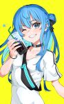  1girl absurdres alternate_costume aqua_hair bag bangs blue_eyes blue_hair blush breasts choker clenched_teeth collarbone colored_inner_hair commentary_request cup disposable_cup drinking_straw hair_bun hair_ribbon head_tilt highres holding hololive hoshimachi_suisei long_hair looking_at_viewer multicolored_hair one_eye_closed r_h_0502 ribbon shadow shirt short_sleeves sidelocks simple_background single_side_bun small_breasts solo star_(symbol) sweatdrop t-shirt teeth upper_body virtual_youtuber white_shirt yellow_background zipper 