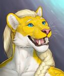  2022 anthro black_nose blonde_hair blue_eyes braided_hair cougar digital_media_(artwork) felid feline fur hair male mammal open_mouth rogueliger simple_background smile solo teeth tongue whiskers yellow_body yellow_fur 