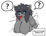  absurd_res anthro big_breasts black_hair blue_eyes breasts canid canine canis cookie_run female feral grey_body grey_hands grey_skin hair hi_res korean_text long_hair mammal megi open_mouth solo text tongue tongue_out translated werewolf_cookie wolf 