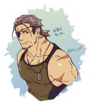  1boy bara cropped_torso dog_tags eyepatch facial_hair flee_ad gradient gradient_background grey_hair large_pectorals male_focus muscular muscular_male original pectorals ponytail scar scar_on_arm scar_on_chest short_hair stubble tank_top undercut 