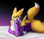  absurd_res adult anthro bandai_namco bed big_(disambiguation) bodily_fluids breasts butt canid canine digimon digimon_(species) female ferelay fox furniture furry hi_res invalid_tag mammal nsfw renamon risl_zxc solo sweat 