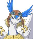  armor blonde_hair blue_eyes collar dragon eyebrows feathered_wings feathers flight_goggles flight_helmet furgonomics furry-specific_piercing hair headgear helmet hi_res legendz looking_at_viewer male piercing raised_eyebrow shiron simple_background solo tarian white_background wing_piercing wings 