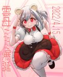  1girl absurdres animal_ears breasts closed_mouth grey_hair hamster_ears highres indie_virtual_youtuber kirara_mimi large_breasts lowlandgorilla multicolored_hair red_eyes running short_sleeves smile solo split_mouth streaked_hair sweat thighhighs v-shaped_eyebrows virtual_youtuber 