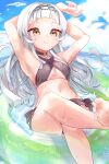  1girl absurdres armpits arms_up bad_feet bangs barefoot bikini black_bikini blue_sky blunt_bangs blurry blurry_background blush breasts choker closed_mouth cloud cloudy_sky eyelashes foot_out_of_frame foot_up grey_hair halterneck highres hololive innertube leaning_back long_hair looking_at_viewer murasaki_shion navel official_alternate_costume orange_eyes outdoors short_eyebrows side-tie_bikini sidelocks sika_sikabiimu sitting sky small_breasts smile solo stomach swimsuit thighs underboob virtual_youtuber water wet 