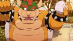  2022 anthro belly blush bodily_fluids bowser detailed_background eto1212 food hi_res humanoid_hands kemono koopa male mario_bros moobs nintendo nipples outside overweight overweight_male rice scalie solo sweat video_games 