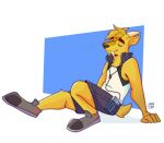  abstract_background absurd_res anthro bottomwear cervid cervine clothing dj_strap fangs footwear fur headphones headphones_around_neck hi_res horn male mammal muntjac shirt shoes shorts sitting sleeveless_shirt solo sony_walkman tape_player topwear yellow_body yellow_fur zorro_chino 