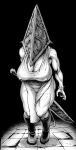  1girl apron boots breasts cleavage covered_nipples double_deck facing_viewer genderswap genderswap_(mtf) gloves greyscale highres holding holding_sword holding_weapon huge_breasts monochrome pelvic_curtain pyramid_head silent_hill_(series) silent_hill_1 solo sword veins veiny_breasts walking weapon 