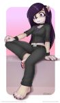  2022 4_toes 5_fingers anthro breasts clothed clothing digital_media_(artwork) ear_piercing ear_ring eyebrows eyelashes feet female fingers hair hi_res nomax piercing purple_hair ring_piercing simple_background sitting smile solo toes 