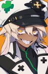  1girl bangs blonde_hair clover coat dark-skinned_female dark_skin four-leaf_clover grin guilty_gear guilty_gear_strive hat hat_ornament j.k. long_hair looking_at_viewer orange_background orange_eyes portrait ramlethal_valentine sharp_teeth simple_background smile solo teeth white_coat white_headwear 