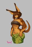  2022 5_fingers abs anthro baggy_clothing bandeau belt_collar biceps big_breasts bottomwear breasts brown_body brown_fur brown_hair canid canine canis cargo_pants cleavage clothed clothing collar dobermann dog_knight_rpg domestic_dog female fingers fur grey_background hair hi_res hunting_dog looking_at_viewer mammal midriff muscular muscular_female navel nedoiko orange_eyes pants pinscher rory_(ceehaz) short_hair signature simple_background solo topwear unbuttoned under_boob 