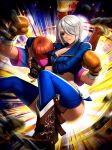  angel_(kof) blue_eyes boots boxing_gloves bra breasts chaps cowboy_boots cropped_jacket fingerless_gloves gloves hair_over_one_eye jacket large_breasts leather leather_jacket official_art slam snk strapless strapless_bra the_king_of_fighters the_king_of_fighters_all-stars the_king_of_fighters_xiv the_king_of_fighters_xv toned underwear white_hair wrestling 