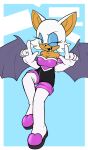  2022 anthro big_breasts boots breasts chiropteran cleavage clothed clothing fangs female footwear fours_(artist) green_eyes hi_res makeup mammal membrane_(anatomy) membranous_wings one_eye_closed open_mouth open_smile rouge_the_bat sega simple_background smile solo sonic_the_hedgehog_(series) wings wink 