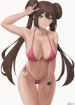  1girl bangs bare_shoulders bikini blue_eyes blush breasts brown_hair cleavage collarbone double_bun grin hair_bun highres large_breasts long_hair looking_at_viewer navel pink_bikini pokemon pokemon_(game) pokemon_bw2 rosa_(pokemon) sidelocks simple_background smile solo swimsuit thighs twintails v white_background zaphn 