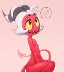  areola demon erection freckles genitals hair helluva_boss hi_res horn humanoid imp male moxgobrr moxxie_(helluva_boss) nipples penis question_mark red_body simple_background smile solo solo_focus spade_tail teeth white_hair yellow_eyes 