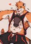  &lt;3 abs anthro biceps bottomwear chest_rub clothing clothing_pull countershading fur hemuchang hi_res lutrine male mammal muscular muscular_male mustelid navel open_shorts open_zipper orange_body orange_fur pecs shirt shirt_pull shorts smile solo sound_effects tongue topwear topwear_pull white_body white_countershading 