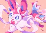  :d blue_eyes blurry bright_pupils brown_background commentary_request fang happy no_humans open_mouth petals pokemon pokemon_(creature) signature smile solo sylveon tongue white_pupils yuni_(unitary_580) 