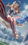  1girl american_flag american_flag_legwear american_flag_print arm_up armpits bare_shoulders blonde_hair blue_eyes blush boots breasts charlotte_vanders city cityscape cleavage clenched_hand commentary cover_image covered_nipples domino_mask elbow_gloves english_commentary fingerless_gloves flag flag_print flying gloves highres junny kamen_america kamen_america_(comic) large_breasts lips long_hair mask official_art one_eye_closed panties print_footwear red_legwear sash scarf signature smile solo striped striped_legwear superhero thick_thighs thigh_boots thighhighs thighs toned underwear yellow_sash 