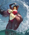  anthro big_breasts bikini black_body black_fur black_hair breasts canid canine canis cleavage clothed clothing coyote eruca female fur hair hi_res huge_breasts long_tail looking_at_viewer mammal markings mole_(marking) partially_submerged short_hair solo splash standing swimwear watermark 