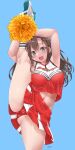  1girl :d arm_up armpits breasts brown_eyes brown_hair cameltoe cheerleader clothes_writing crop_top crop_top_overhang dd_(ijigendd) flexible full_body highres holding holding_pom_poms leg_lift leg_up long_hair looking_at_viewer midriff miniskirt navel open_mouth original panties pleated_skirt pom_pom_(cheerleading) red_panties shirt shoes skirt sleeveless sleeveless_shirt smile sneakers solo split standing standing_on_one_leg standing_split underwear 