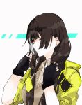 1girl bangs black_gloves brown_hair brown_sweater_vest closed_mouth fingerless_gloves girls&#039;_frontline gloves hair_between_eyes hands_in_hair jacket long_hair looking_at_viewer multicolored_hair one_eye_closed open_clothes open_jacket profile red_eyes ro635_(girls&#039;_frontline) shirt simple_background sleeves_rolled_up solo streaked_hair sweater_vest tarano_(tsumugiko) upper_body yellow_jacket 