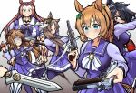  5girls aqua_eyes blonde_hair bow bowtie braid brown_footwear brown_hair colt_single_action_army commentary dagger dual_wielding ear_scrunchie eishin_flash_(umamusume) finger_on_trigger grass_wonder_(umamusume) gun hair_ornament hair_over_one_eye handgun high_ponytail highres holding holding_dagger holding_gun holding_polearm holding_weapon horse_girl horse_tail horseshoe_ornament jujutsu_kaisen kawakami_princess_(umamusume) knife light_brown_hair long_hair long_sleeves looking_at_viewer m1911 metal_gear_(series) metal_gear_solid_3 multicolored_hair multiple_girls muscular muscular_female pistol pleated_skirt polearm puffy_short_sleeves puffy_sleeves purple_bow purple_bowtie purple_legwear purple_shirt purple_skirt revolver rice_shower_(umamusume) sailor_collar sailor_shirt satono_diamond_(umamusume) scene_reference school_uniform shirt short_sleeves skirt star_(symbol) star_hair_ornament sugar_desu summer_uniform sword_hilt taiki_shuttle_(umamusume) tail toy_hammer tracen_school_uniform two-tone_hair umamusume weapon white_bow white_bowtie white_skirt winter_uniform 