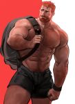  1boy abs bag bara beard biceps black_eyes black_hair clenched_hand dopey_(dopq) facial_hair highres large_pectorals looking_to_the_side male_focus manly mature_male multicolored_hair muscular muscular_male nipples original pectorals red_hair short_hair shorts simple_background smile solo thick_arms thick_eyebrows thick_thighs thighs topless_male wristband 