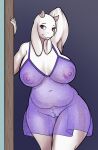  anthro areola big_areola big_breasts boss_monster bovid breasts caprine chubby_anthro chubby_female clothing female fours_(artist) fur genitals hi_res horn huge_areola huge_breasts huge_nipples lingerie mammal mature_anthro mature_female nipples pussy red_eyes smile solo toriel translucent undertale undertale_(series) video_games white_body white_fur 