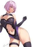  1girl absurdres ass_visible_through_thighs bare_shoulders black_legwear blush breasts cleavage elbow_gloves error1945 fate/grand_order fate_(series) gloves hair_over_one_eye highleg highleg_leotard highres large_breasts leotard light_purple_hair mash_kyrielight navel open_mouth purple_eyes purple_hair short_hair simple_background solo 