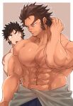  2boys abs arm_behind_head bara biceps black_hair brown_hair large_pectorals long_hair long_sideburns looking_at_another looking_to_the_side male_focus manly mature_male multiple_boys muscular muscular_male nipples open_mouth original pectorals scar scar_on_chest sideburns skirt spiked_hair sugo6969 thick_arms thick_eyebrows tongue topless_male veins veiny_arms 