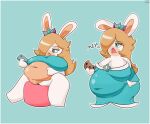  anthro belly big_belly big_breasts bite_mark blonde_hair blue_eyes breasts clothed clothing cookie crown dress female food genitals hair hair_over_eye half-closed_eyes hi_res holding_cookie holding_food holding_object holding_phone huge_breasts lagomorph leporid mammal mario_bros mario_plus_rabbids_sparks_of_hope multicolored_body narrowed_eyes navel nintendo one_eye_obstructed open_mouth overweight overweight_anthro overweight_female phone pussy rabbid rabbid_rosalina rabbit raised_clothing raised_dress raving_rabbids rayman_(series) robnashe solo two_tone_body ubisoft video_games 