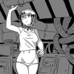  1girl alien_(movie) breasts choker closed_mouth cosplay cowboy_shot ellen_ripley ellen_ripley_(cosplay) girls_und_panzer greyscale highres kawashima_momo medium_breasts monochrome monocle navel onsen_tamago_(hs_egg) panties scene_reference short_hair solo standing tank_top underwear 