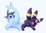  anus balls black_body blue_body butt censored duo eeveelution erection feral genitals haribol98 hi_res lying nintendo penis pok&eacute;mon pok&eacute;mon_(species) presenting presenting_hindquarters rear_view shaded simple_background umbreon vaporeon video_games white_background 