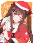  1girl alternate_costume bangs bow brown_hair christmas closed_mouth girls&#039;_frontline hair_bow hair_ornament hairclip hat long_hair looking_at_viewer merry_christmas nail_polish one_eye_closed pink_nails red_eyes red_headwear santa_costume santa_hat scar scar_across_eye simple_background smile solo tarano_(tsumugiko) twintails ump9_(girls&#039;_frontline) upper_body 