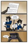  anthro belt belt_buckle clothed clothing comic dialogue english_text eyewear fully_clothed glasses hi_res jde10 jde_ringtail letter male mammal package procyonid raccoon solo text 