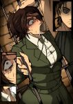  1girl absurdres black_hair blush brown_hair cum eren_yeager fellatio glasses hange_zoe highres irrumatio jacket mark_gavatino oral paradis_military_uniform rape shingeki_no_kyojin short_hair uniform 