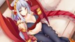  1girl artist_request bare_shoulders black_pants breasts cleavage couch dragon_girl dragon_horns dragon_tail game_cg grey_hair hairband horns horo_(monster_musume) large_breasts long_hair looking_at_viewer midriff monster_musume_no_iru_nichijou monster_musume_no_iru_nichijou_online navel official_art on_couch pants red_scales red_wings scales sitting smile solo tail wings 