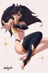  1girl abs armlet artist_name bangs bare_shoulders black_hair earrings fate/grand_order fate_(series) hair_ribbon highres hoop_earrings ishtar_(fate) jewelry long_hair looking_at_viewer red_eyes ribbon single_thighhigh smile solo star_(symbol) thighhighs zealyush 