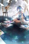  ahoge aona_(ns) arm_support blue_hair canvas_(medium) character_request dress flower griseo holding holding_brush honkai_(series) honkai_impact_3rd paint paintbrush purple_eyes sitting stool thighs vase white_dress white_headwear 