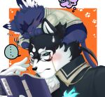  ... anthro black_and_white_fur black_body black_fur black_sclera blue_eyes blush book cait_sith_(tas) canid canine canis domestic_cat domestic_dog duo eyewear felid feline felis fur izm_rm7 lifewonders male mammal masanori monocle reading short_stack size_difference sleeping tokyo_afterschool_summoners video_games 