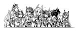  6+girls :t ^_^ ahoge animal_ears bandaid bandaid_on_face bandaid_on_nose bangs blush closed_eyes eating fang food gold_ship_(umamusume) greyscale hat highres holding holding_food horse_ears long_hair long_sleeves looking_at_another looking_at_viewer mame_nabe_donko mayano_top_gun_(umamusume) mejiro_bright_(umamusume) mejiro_mcqueen_(umamusume) mejiro_palmer_(umamusume) mochi monochrome motion_lines mouth_hold multiple_girls narita_brian_(umamusume) narita_top_road_(umamusume) open_mouth petals pillow_hat ponytail sailor_collar satono_diamond_(umamusume) school_uniform skewer smile special_week_(umamusume) tamamo_cross_(umamusume) tracen_school_uniform two_side_up umamusume upper_body wavy_mouth 