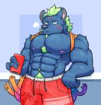  abs anthro beverage_can bodily_fluids bottomwear clothing hi_res judicatorkoo lifewonders male muscular muscular_anthro muscular_male nipples nyarlathotep_(housamo) pecs pubes shirtless shorts solo sweat swimwear tokyo_afterschool_summoners video_games 
