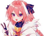  1boy astolfo_(fate) blush braid fang fate_(series) gloves highres koyashaka long_hair long_sleeves looking_at_viewer male_focus multicolored_hair open_mouth otoko_no_ko pink_hair solo v very_long_hair white_background 