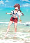  1girl bangs beach bikini bikini_under_clothes blue_bikini blue_sky braid breasts brown_hair cleavage cloud cloudy_sky collarbone day enemy_naval_mine_(kancolle) full_body furufuru_fugu green_eyes hair_between_eyes highres kantai_collection looking_at_viewer medium_breasts noshiro_(kancolle) ocean official_alternate_costume outdoors revision sand shirt shorts sky smile solo swept_bangs swimsuit swimsuit_under_clothes tentacles tied_shirt twin_braids wading water white_shirt 