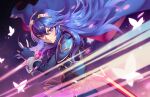  1girl armor bangs belt blue_cape blue_eyes blue_gloves blue_hair bug butterfly cape closed_mouth falchion_(fire_emblem) fingerless_gloves fire_emblem fire_emblem_awakening gloves hair_between_eyes holding holding_sword holding_weapon kaijuicery long_hair lucina_(fire_emblem) sheath shoulder_armor sky star_(sky) starry_sky sword symbol_in_eye tiara twitter_username upper_body weapon 