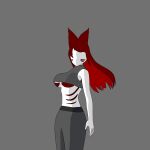  absurd_res amethyst_kitsune amy_kitsune anthro breasts canid canine clothed clothing female female/female fox fox_spirit grey_clothing hair hi_res humanoid long_hair mammal red_hair red_stripes shaded solo stripes under_boob white_body 