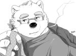  anthro bust_portrait eyebrows eyewear glasses greyscale hair hijirinoyuta leib_(tas) lifewonders male mammal monochrome necktie polar_bear ponytail portrait smoke solo thick_eyebrows tokyo_afterschool_summoners ursid ursine video_games 