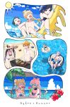  4girls 5girls :q aether_(genshin_impact) ahoge alternate_costume alternate_hairstyle banana_boat bangs barbara_(genshin_impact) beach beach_umbrella bikini black_hair blonde_hair blue_hair breasts can chair cleavage closed_eyes cloud cooking crab cup day double_bun drinking_straw drooling earrings flower genshin_impact hair_bun hair_ornament halo hat hibiscus highres holding holding_cup innertube jewelry kamisato_ayato long_hair male_swimwear medium_breasts mona_(genshin_impact) mouth_drool multicolored_hair multiple_girls necklace one-piece_swimsuit open_mouth orange_hair outdoors paimon_(genshin_impact) pink_hair ponytail red_flower sand sangonomiya_kokomi seashell shell short_hair single_earring skewer sky summer sun sunglasses sweat swimsuit table tartaglia_(genshin_impact) tassel tassel_earrings tongue tongue_out topless_male tropical_drink twintails umbrella urooooboe water xingqiu_(genshin_impact) yelan_(genshin_impact) 