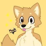  2022 anthro black_nose blep brown_eyes canid canine canis digital_media_(artwork) domestic_dog fur hush_mccloud male mammal shiba_inu signature simple_background smile solo sparkles spitz tongue tongue_out yellow_background yellow_body yellow_fur 