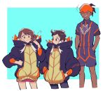  +++ 1girl 2boys :d =3 bangs blue_background blush border borrowed_garments brown_eyes brown_hair closed_mouth collared_shirt commentary_request dark-skinned_male dark_skin gloria_(pokemon) headband hood hood_down hoodie knees laughing looking_down multiple_boys open_mouth orange_headband oversized_clothes pokemon pokemon_(game) pokemon_swsh raihan_(pokemon) sagemaru-br shirt short_hair short_sleeves shorts smile teeth upper_teeth victor_(pokemon) white_border 